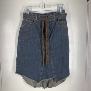 DKNY Jeans Skirt Womens 4 Denim Embroidered Fringe Belt‎ A-line Raw Hem Vintage